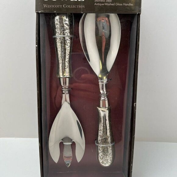 TOWLE Westcott Collection Two Piece Salad Serving Set Glass Handles Stainless St - Picture 2 of 7